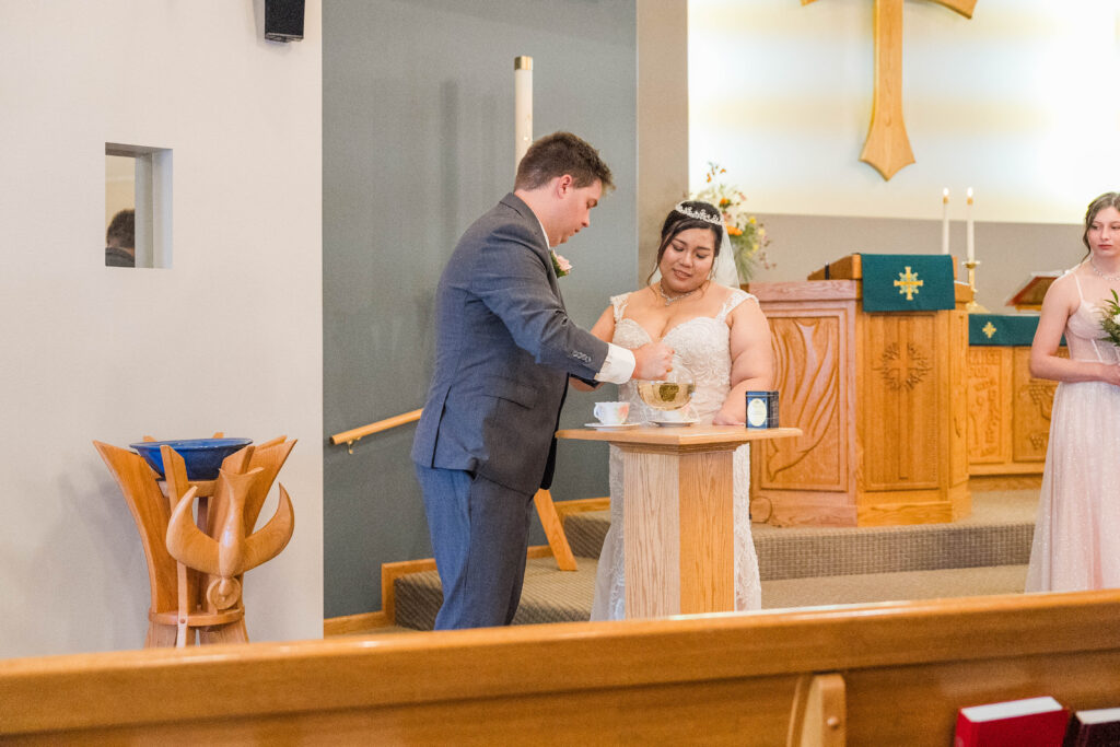 Bride and Groom preparing the Wedding Tea at Cormorant Lutheran Church in Cormorant, MN 