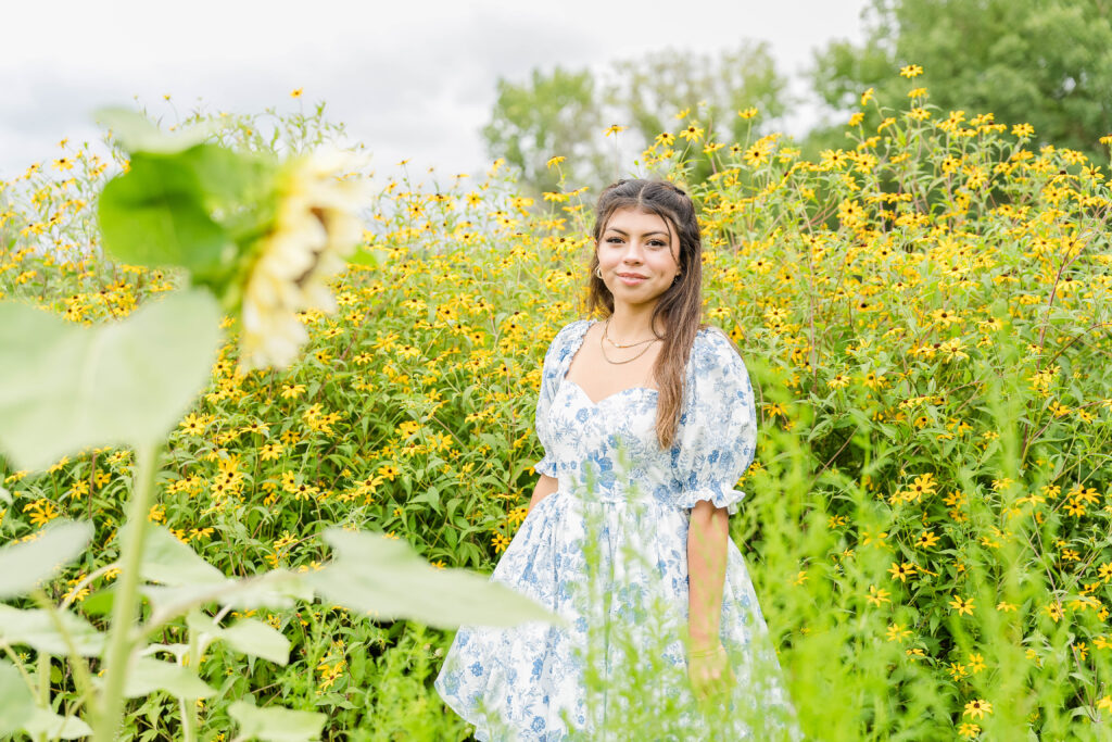 Senior Session at True Blue Flower Field in Vergas MN, wearing a blue dress