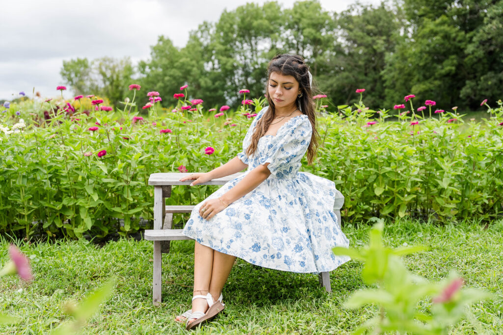 Senior Session at True Blue Flower Field in Vergas MN, wearing a blue dress