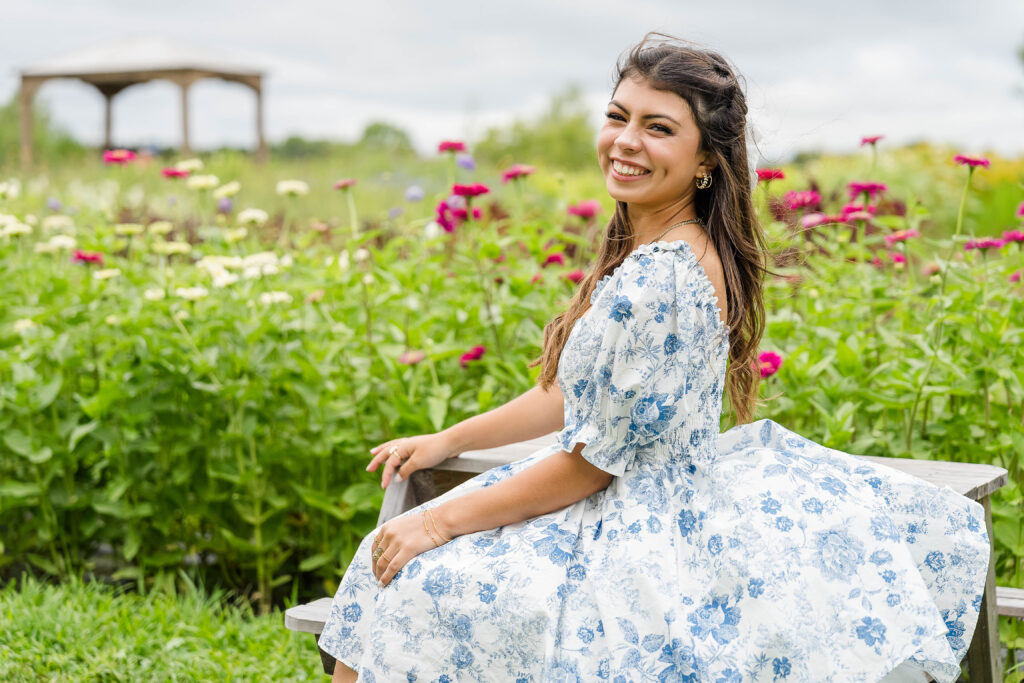 Senior Session at True Blue Flower Field in Vergas MN, wearing a blue dress